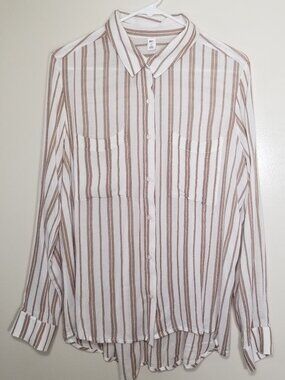 B.P. White Brown Stripes Viscose Button Up Shirt Size Medium